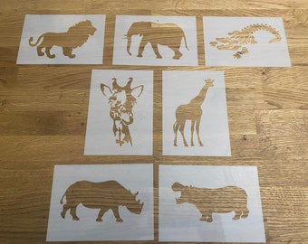 Safari Animals, Mylar Stencil, Airbrushing, Giraffe, Lion, Hippo, Crocodile, Rhino, Elephant, Wall Art, Laser Cut