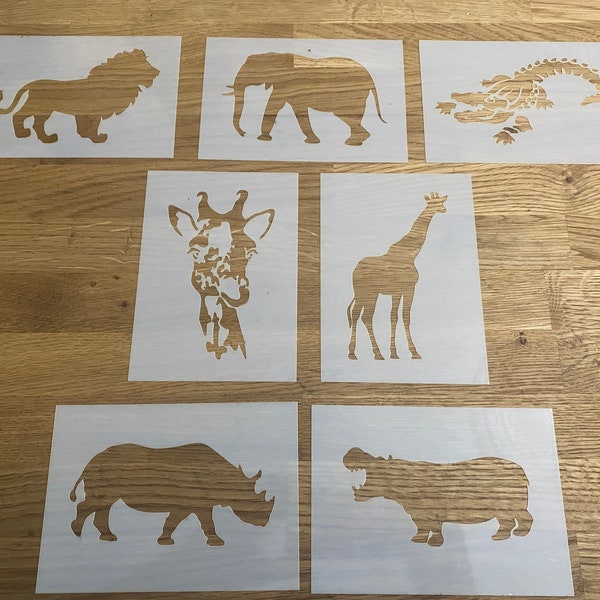 Animaux de safari, pochoir Mylar, aérographe, girafe, lion, hippopotame, crocodile, rhinocéros, éléphant, art mural, découpé au laser