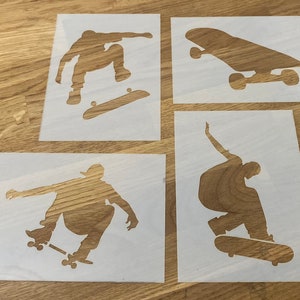 Skate, estêncil Mylar, aerografia, arte em parede, corte a laser, artesanato, pintura