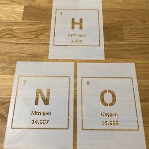 May include: Three white stencils of the periodic table elements hydrogen, nitrogen, and oxygen. The stencils are on a wooden surface. The stencils are cut out to show the element symbol, name, and atomic weight.