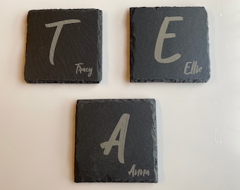 Slate Coaster, Personalised Initial Letter & Name, Laser Engraved Gift, Wedding, Christmas, Birthday, Anniversary.