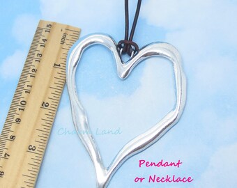 Large Open Heart Necklace or Pendant Antiqued Silver Tone Genuine Leather Statement