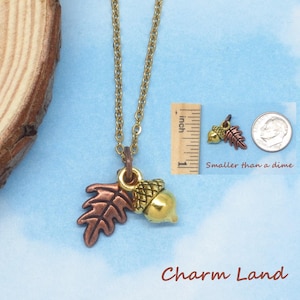 Teeny Tiny Copper Oak Leaf Gold Acorn Necklace Woodland 080026p Forest Nature Fall Cottage Autumn