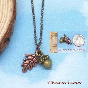 May include: A bronze-toned necklace featuring a pendant with an acorn and oak leaf charm. The acorn is gold-colored, and the leaf is copper-colored. The necklace chain is a darker bronze. The text "Charm Land" is at the bottom of the image.