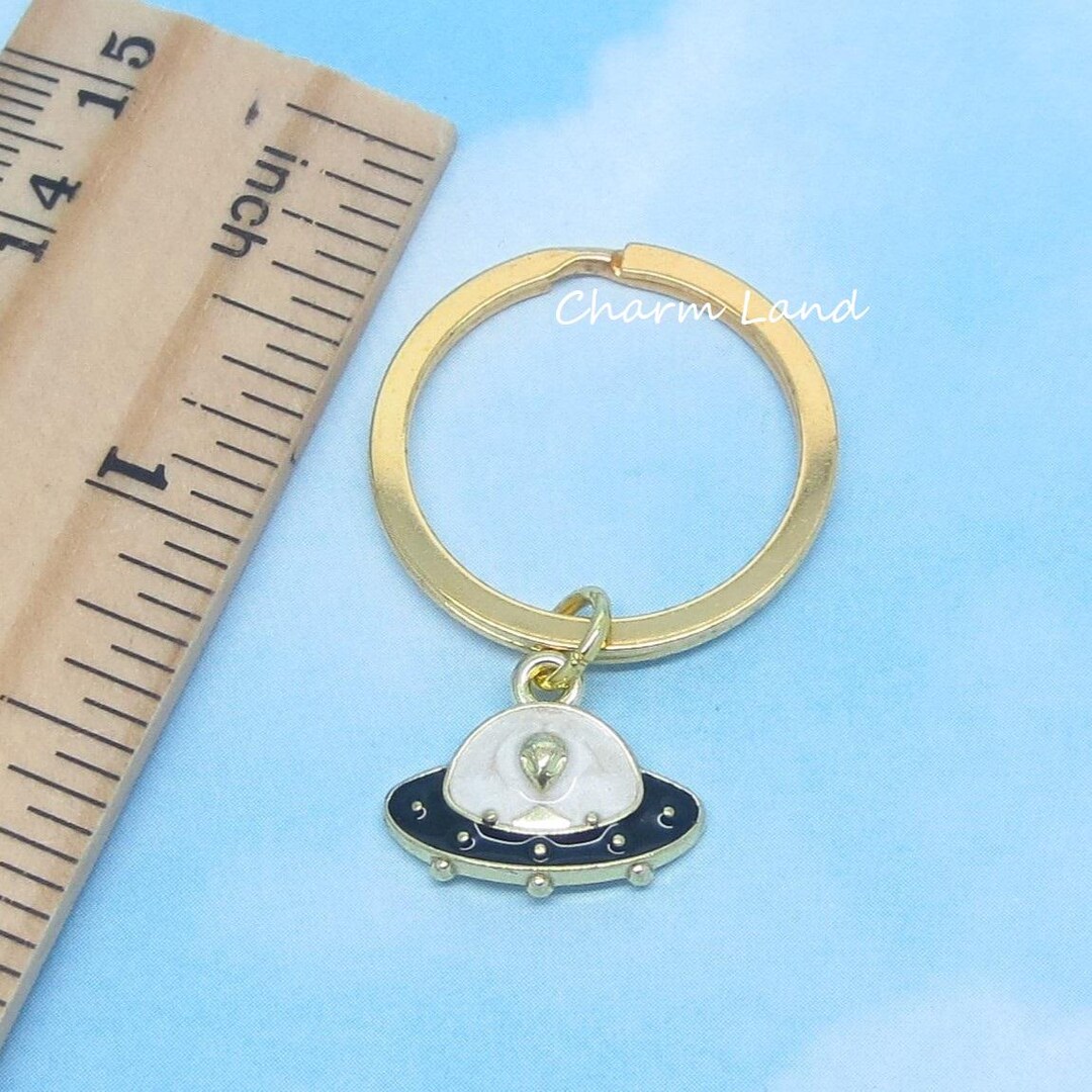 UFO Alien Flying Saucer Keychain Enamel Gold Spaceship Key Ring - Etsy