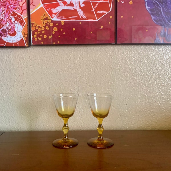 Set of 2 Mid Century Vintage Forever Amber/Yellow Ombré Libbey Glass Co. Cordial Glasses