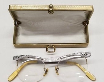 Vintage Midcentury Liberty USA 1960s Cat Eye Glasses 5 1/2 Embellished Silver-Tone with Original Leather Case