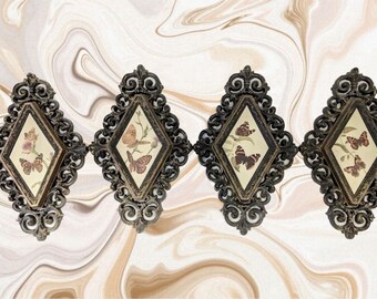 Set of 4 Vintage 1970’s Burwood Butterfly Motif Prints in Black & Gold Plastic Diamond Molded Frames