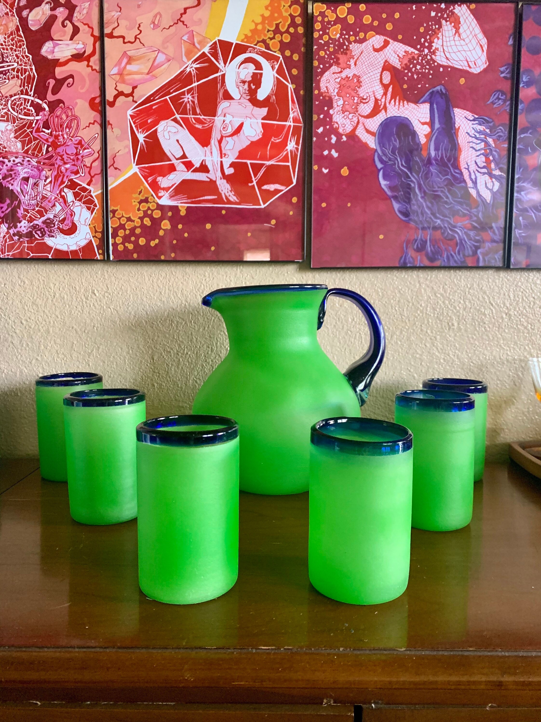 Emerald Green Blue Rimmed Margarita Pitcher and 6 Drinking Glasses Set by DISADI Etsy
