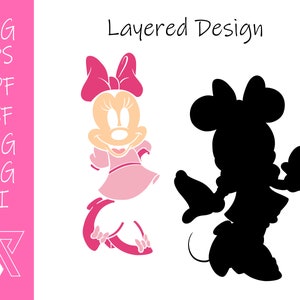May include: A layered design of a pink and white cartoon mouse with large ears and a bow. The design includes a black silhouette of the same mouse.