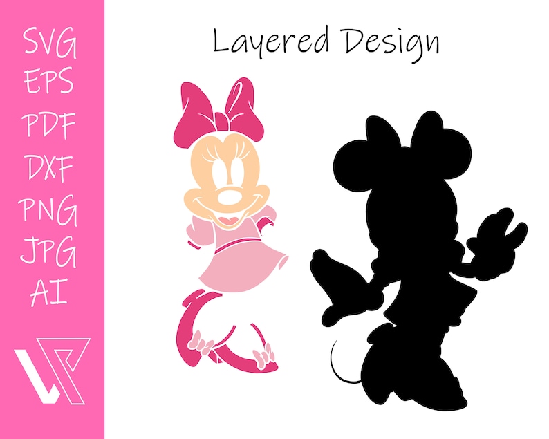 May include: A layered design of a pink and white cartoon mouse with large ears and a bow. The design includes a black silhouette of the same mouse.
