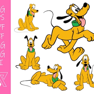 Puede incluir: Un conjunto de cinco archivos de corte digital que presentan un perro de dibujos animados con un cuerpo amarillo, orejas negras y un collar verde. El perro está en varias poses, incluyendo correr, sentarse y acostarse.