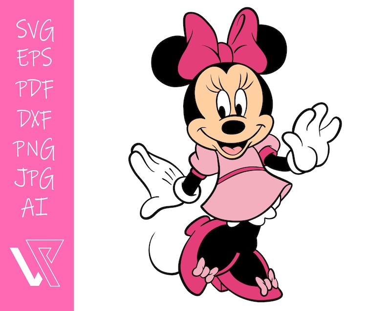 May include: A cartoon illustration of a smiling Minnie Mouse wearing a pink dress and a large pink bow. She is waving with her right hand and has a friendly expression.