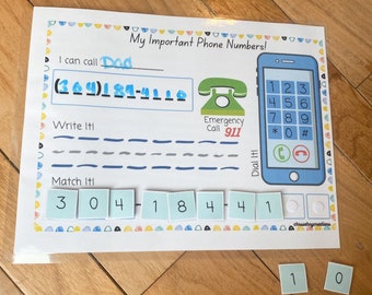 May include: A printable worksheet for kids to learn important phone numbers. The worksheet features a phone with a dial pad, a section to write a phone number, and a section to match numbers with corresponding tiles. The worksheet includes the text "My Important Phone Numbers!" and "Emergency Call 911".