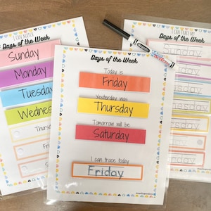 Jours de la semaine imprimables, calendrier du temps du cercle, calendrier d'apprentissage de la maternelle, jours de la semaine de l'école à la maison, cartable occupé jours de la semaine