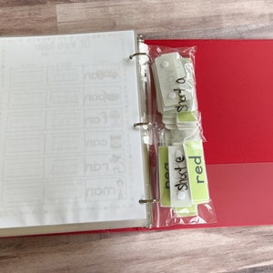 May include: A red binder with two clear plastic pockets containing green and white cards. The cards have the words "short a", "short e", and "red" written on them. The binder has a white page with the words " CVC Words" written on it.