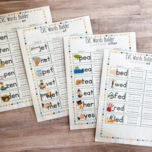 May include: Four printable worksheets for learning CVC words. Each worksheet features a different word family: "en", "et", "other", and "ed". Each worksheet has a section for reading, tracing, and writing the words.