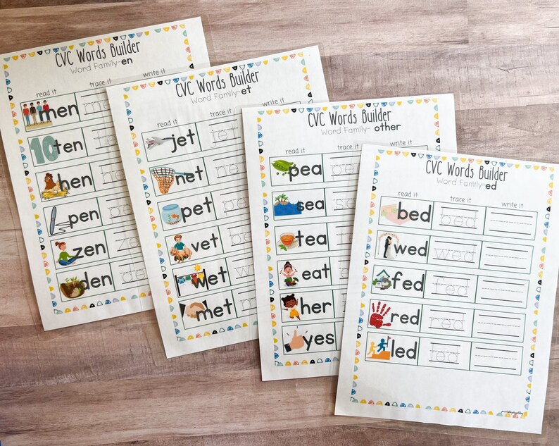 May include: Four printable worksheets for learning CVC words. Each worksheet features a different word family: "en", "et", "other", and "ed". Each worksheet has a section for reading, tracing, and writing the words.