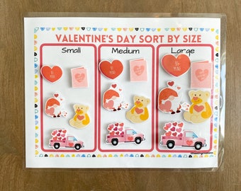 Valentine's Day Sort by Size Worksheet,  Preschool Size Activity, Size Sorting Game, Busy Learning Binder,  Montessori Matching, V-Day Game