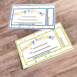 印刷可能な誕生日ギフト券、体験ギフト券、印刷可能な子供ギフト券、ティーンギフト券、体験ギフトカード