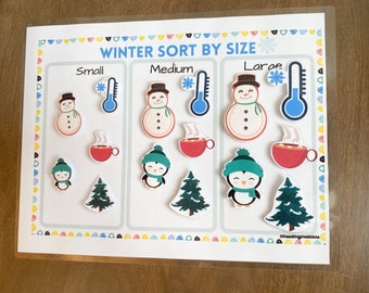 Winter Theme Sort by Size Worksheet, Preschool Size Activity, Size Sorting Game, Busy Binder Learning Resources,  Montessori Match
