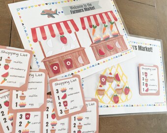 Farmers Market Grocery Shopping Game, Following Directions and count the numbers, preschool counting, montessori numbers, grocery shopping