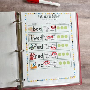 May include: A printable worksheet for learning CVC words with the -ed word family. The worksheet has five rows with different pictures and words. Each row has a word with the -ed ending, such as "bed", "wed", "fed", "red", and "led".
