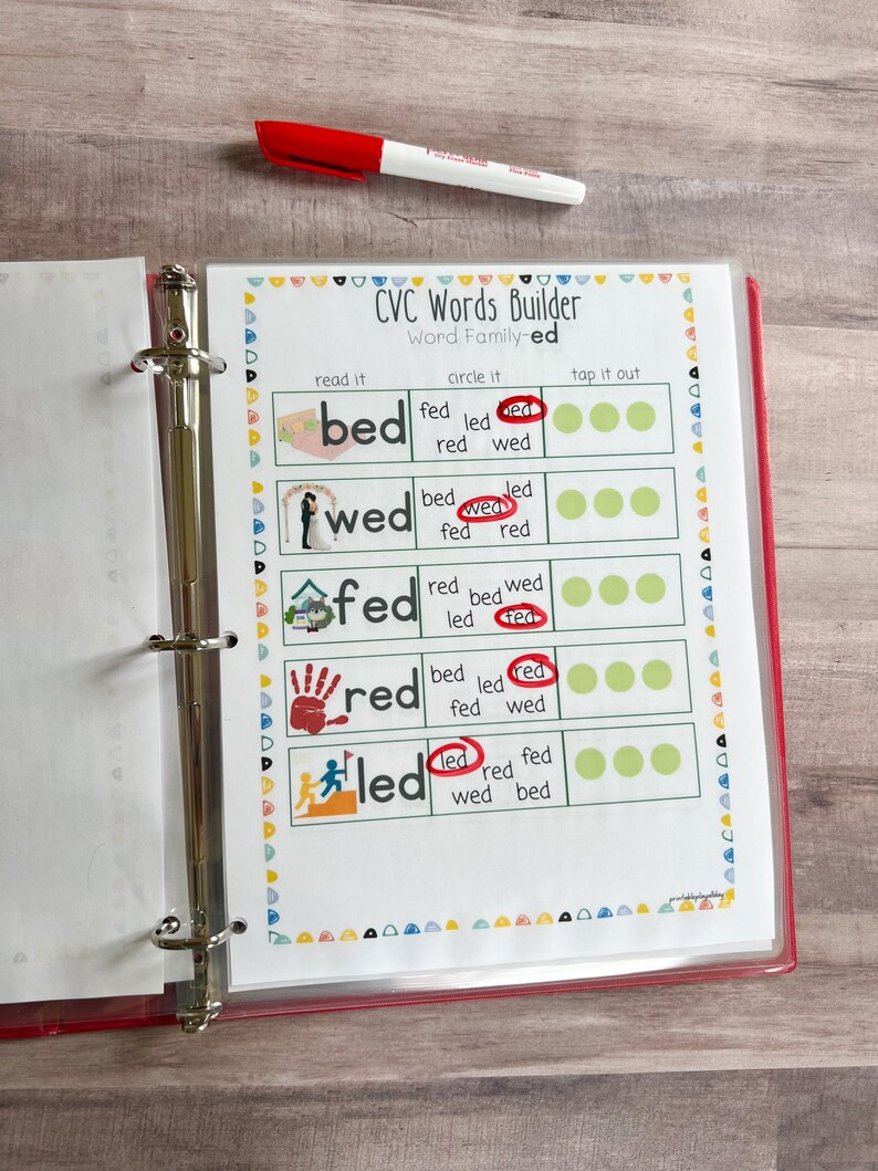 May include: A printable worksheet for learning CVC words with the -ed word family. The worksheet has five rows with different pictures and words. Each row has a word with the -ed ending, such as "bed", "wed", "fed", "red", and "led".
