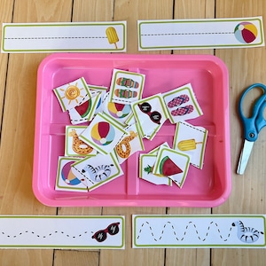 May include: A pink tray filled with colorful cards featuring summer-themed images like sunglasses, flip flops, ice cream, watermelons, and beach balls. The cards are scattered around the tray, and there are also some blank cards. There are also four blank cards with dotted lines for tracing.