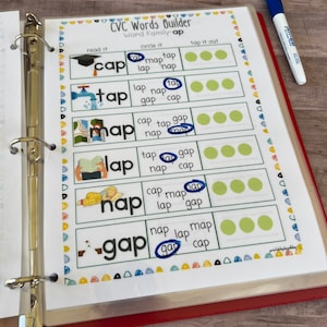 May include: A printable worksheet for learning CVC words with the -ap word family. The worksheet has a list of words with the -ap sound, such as cap, tap, map, lap, and nap. The words are printed in black and white, and there are colorful illustrations next to each word. There are also circles next to each word for students to circle the correct word.