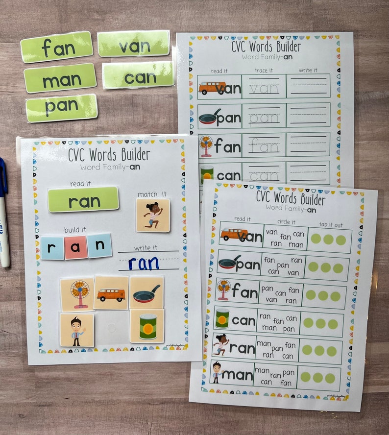 May include: A set of printable CVC word building worksheets for kids. The worksheets feature the word families "an" and "an". The worksheets include activities such as reading, tracing, writing, building, matching, circling, and tapping out words.