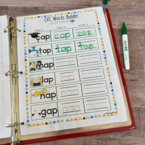 May include: A CVC Words Builder worksheet with the word family "ap". The worksheet has three columns: read it, trace it, and write it. Each row features a different word with the "ap" sound, such as "cap", "tap", "map", "lap", "nap", and "gap". Each word is illustrated with a picture.