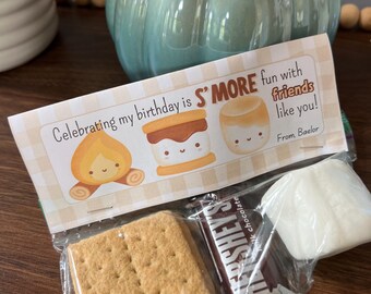 May include: A birthday gift bag with a card that says "Celebrating my birthday is S'MORE fun with friends like you!" and a small bag of s'mores ingredients, including graham crackers, a chocolate bar, and a marshmallow.