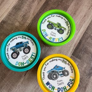 Personalized Monster Truck Birthday Play-Doh Tag, Birthday Playdoh Class Favor, Boy Class Birthday Favor, Non Candy Treat, Monster Truck