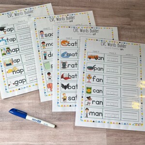 May include: Four printable worksheets for learning CVC words. Each worksheet features a different word family: "ap", "ad", "at", and "an". Each worksheet has a picture, the word to read, a space to trace the word, and a space to write the word.