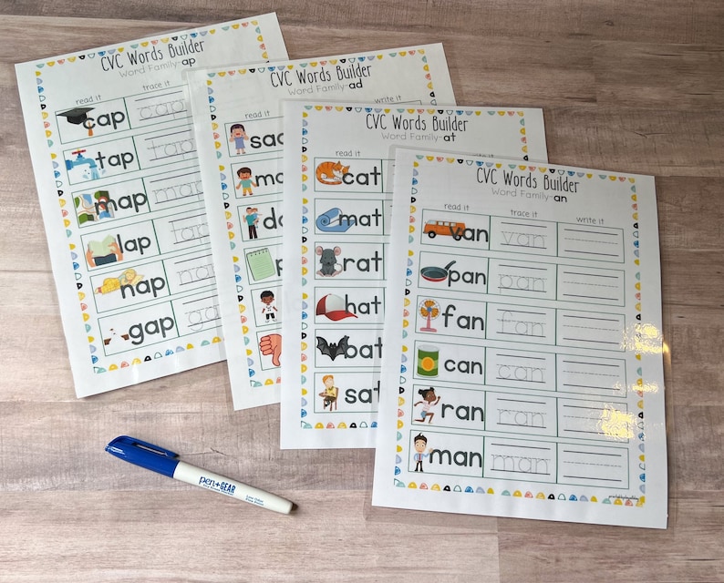 May include: Four printable worksheets for learning CVC words. Each worksheet features a different word family: "ap", "ad", "at", and "an". Each worksheet has a picture, the word to read, a space to trace the word, and a space to write the word.