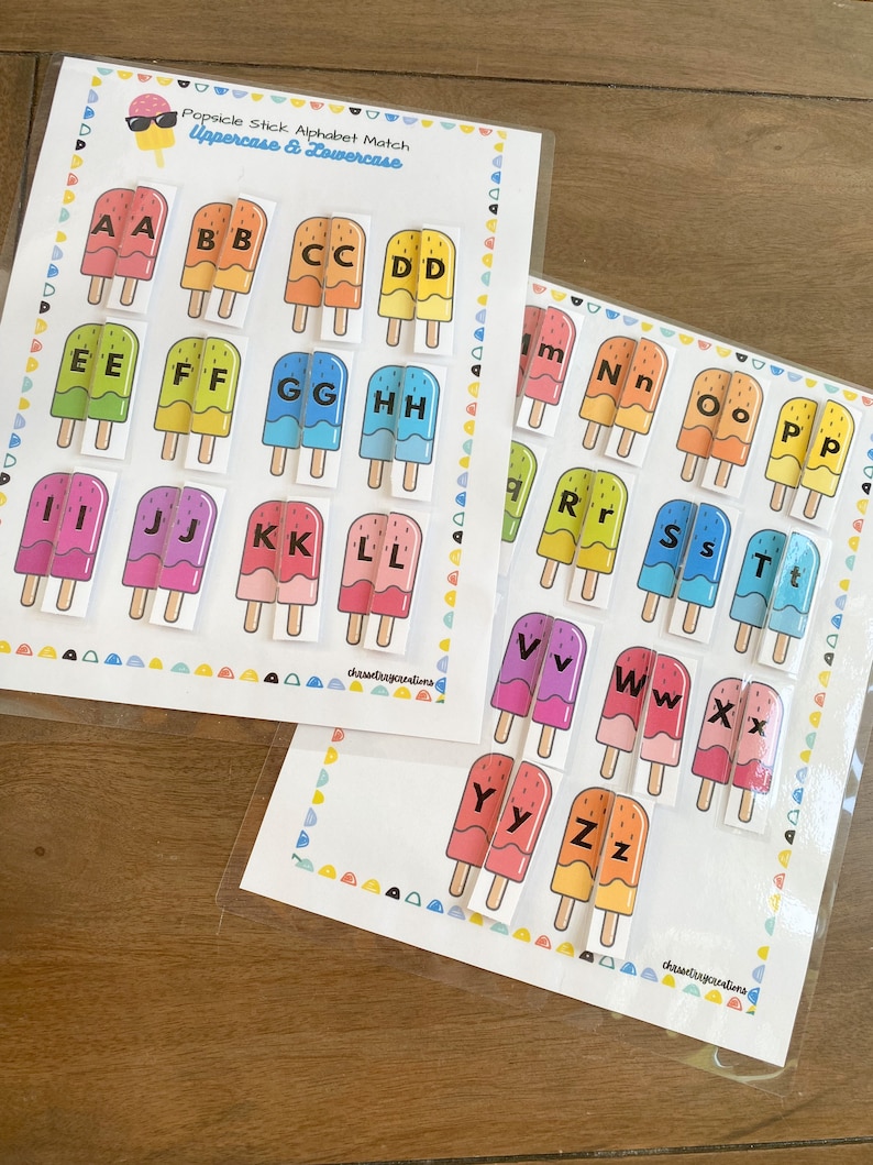 May include: A set of colorful popsicle stick alphabet match cards. The cards feature uppercase and lowercase letters of the alphabet. The cards are designed to help children learn the alphabet.