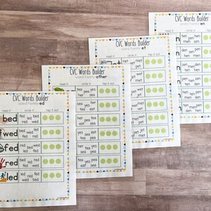 May include: Five printable worksheets for teaching children about CVC words. The worksheets feature different word families, including "ed", "et", "en", and "other". Each worksheet has a section for reading the words, circling the words, and tapping out the sounds.