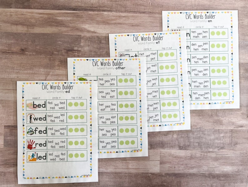 May include: Five printable worksheets for teaching children about CVC words. The worksheets feature different word families, including "ed", "et", "en", and "other". Each worksheet has a section for reading the words, circling the words, and tapping out the sounds.