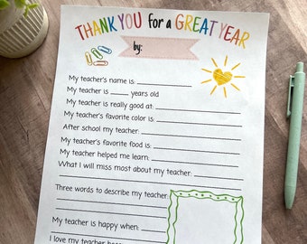 May include: Printable thank you card for a teacher with a colorful rainbow design. The card has lines for students to write about their teacher, including their name, favorite color, and what they will miss most about them.