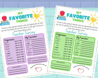 May include: Two printable teacher survey sheets with the text "My Favorite Things!" and "Teacher Survey." Each sheet has sections for preferences and favorites, with a heart graphic at the bottom. The words "Instant Download" and "PDF Download" are also visible.