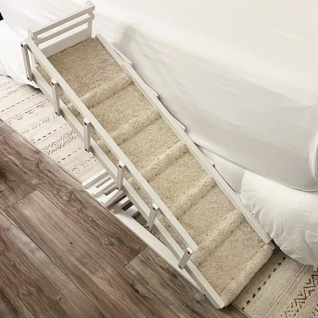 Rampe pour chien avec barrières, barrière avant, barrières latérales pliantes, rampe réglable pour animal de compagnie, tapis beige, rampe pour lit po