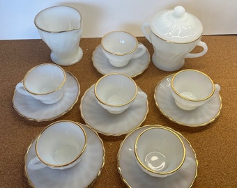 Vintage Anchor Hocking Fire-King White with Gold Trim Cups and saucers, Milk Creamer and Sugar Bowl