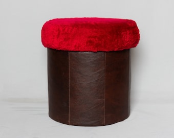 70s laundry stool covered with red plush