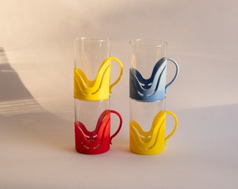 80s tea glasses with plastic holder - Set of 5