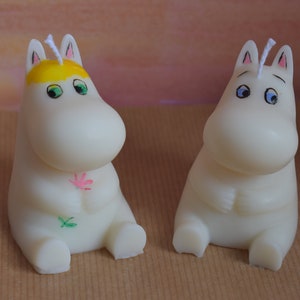 Moomin/Troll pair of candles - organic olive wax - hand painted - unscented.