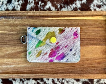 Rainbow Acid Wash Cowhide Card/ID holder | Mini Keychain Wallet | Small Cowhide Wallet