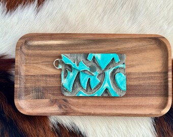 Blue Navajo Embossed Leather Card/ID holder | Mini Keychain Wallet | Small Leather Wallet