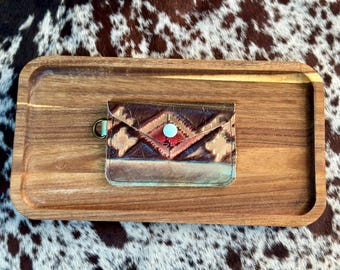 Brown & Red Embossed Leather Card/ID holder | Mini Keychain Wallet | Small Leather Wallet