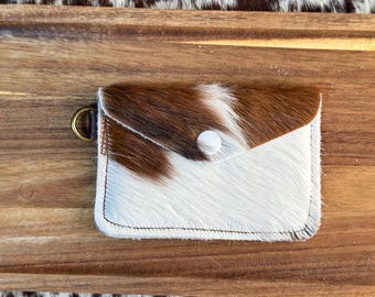 White Button Tri-Color Cowhide Card/ID holder | Mini Keychain Wallet | Small Cowhide Wallet